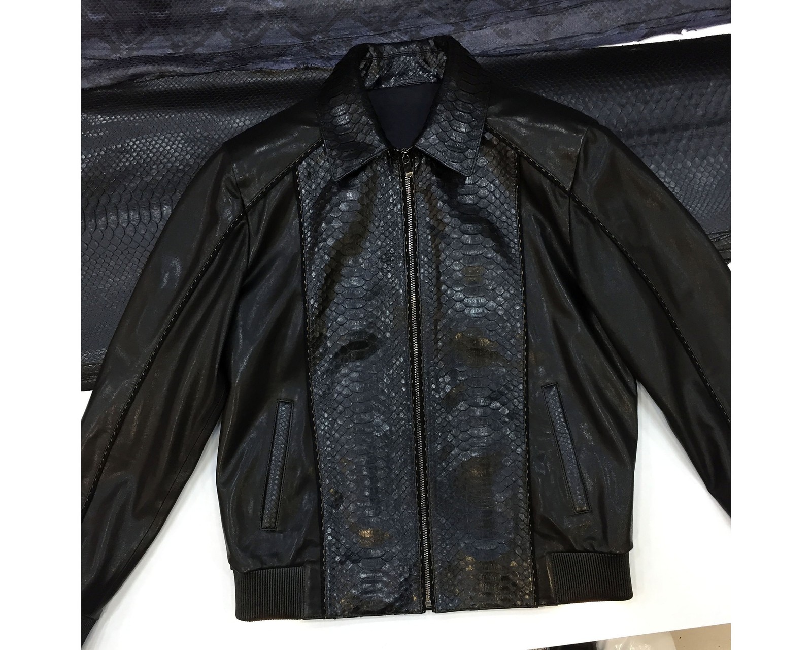 Men's Real Python Skin Trim Genuine Leather Black Luxury Bomber Jacket image 3