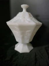 Vintage 1950's Anchor Hocking White Milk Glass Grape Leaves Candy Dish With Lid