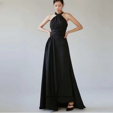 Simple Black Evening Dresses Halter Floor Length Wedding Soft Satin Prom Gowns