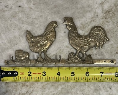 Vintage Brass Chicken Rooster Key Holder Wall Hook Farmhouse Country Decor