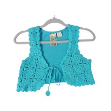 Y2K Kyut Crochet Vest Medium Boho Festival Layering Top Open Front Blue