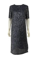 Anthropologie Flat White Blue Silver Sequins Flapper Deco Party Cocktail Dress S