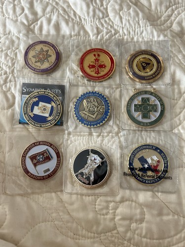 Collection Of Nine (9) Authentic Free Mason & Knights Templar Challenge Pins 