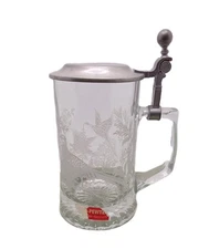 Glass Beer Stein W/ Etched Pheasants & Pewter Lid West Germany Sm. Dent 16 Floz