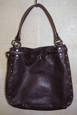 Maurizio Taiuti Italy Brown Distressed Leather Shoulder Bag Chrome Rivets