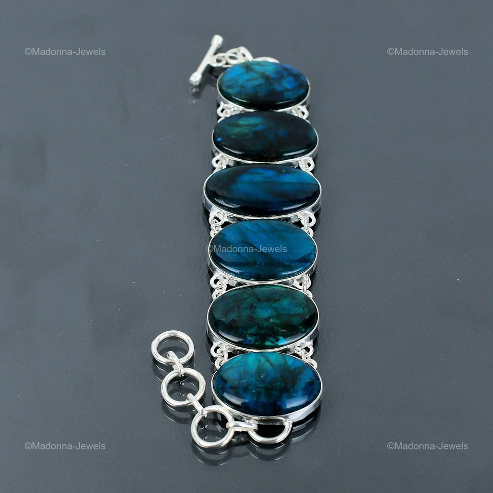 Oval Neon Flash Labradorite Gemstone Chain Bezel New Bracelet Jewelry 925 Silver - Image 3 of 4