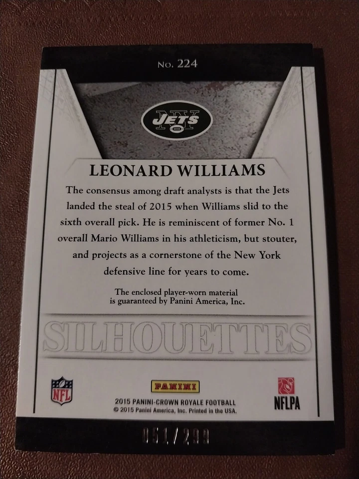 2015 LEONARD WILLIAMS CROWN ROYALE ROOKIE SILHOUETTES CARD RC /299 NY JETS #224 - Image 2 of 2