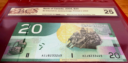 💥RARE ERROR💥  *MISMATCHED SN 8233285/8233445* 2004 CANADA $20 BCS CERTIFIED - Picture 1 of 8