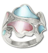 925 Sterling Silver Pink And Blue Mother Of Pearl Heart Wave Ring