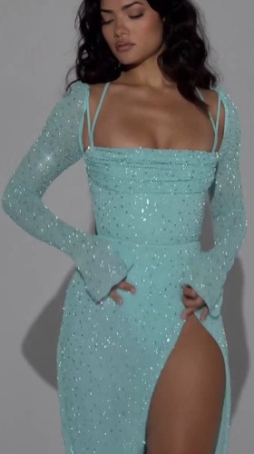 NWT Oh Polly Aqua Maxi Embellished Long Sleeve Champel Dress US 0