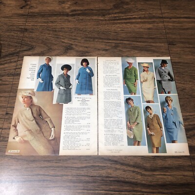 2x Pages 1966 MCM Womens Fashion Coats Ad Sears Catalog Secretary Suits Raincoat