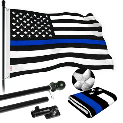 NEW G128 Thin Blue Line Flag & Flagpole, 6FT Black Pole and 3x5FT SPUN Flag