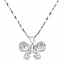 Diamond-Accent 10K White Gold Plated Bow Pendant w/18"Chain