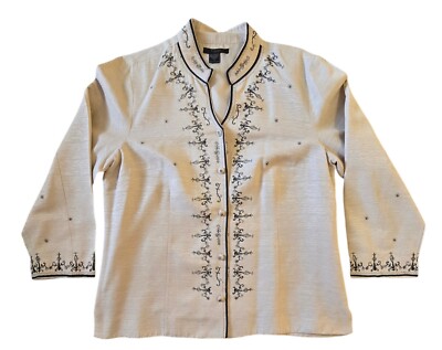 Silkland Women's Jacket Persian 100% Silk Black Floral Embroidery Beige Plus 1X