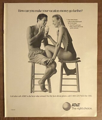 1989 AT&T Vacation Money Young Couple In Swimsuits Share Milkshake 80s Print Ad