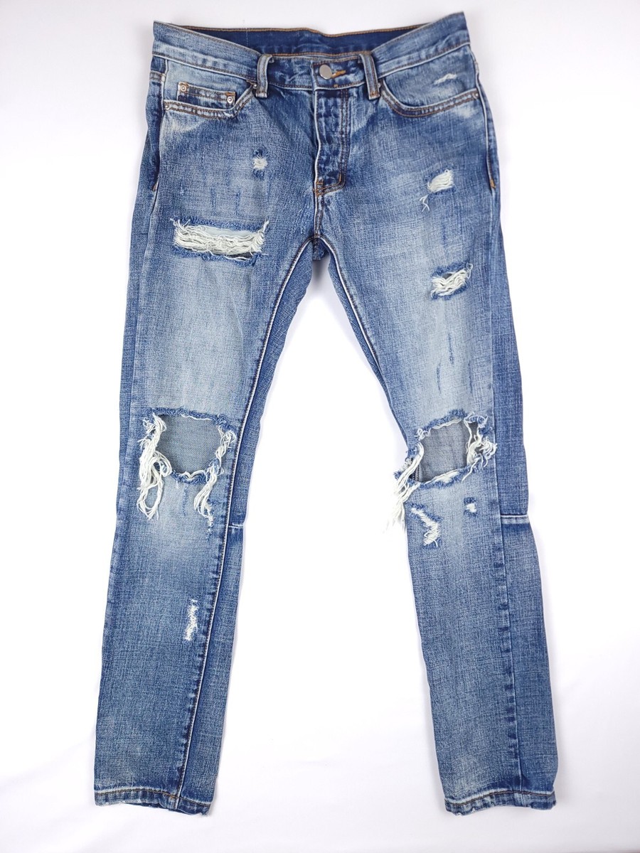 MNML Jeans Mens Skinny Leg Button Fly Distressed Denim Blue 29 100 