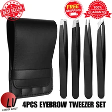 Tweezers Set 4-Piece Professional Stainless Eyebrow Hair Pluckers Eyelash +Case