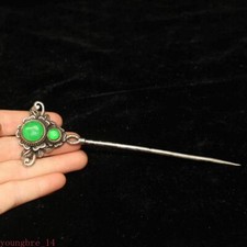 Chinese Old Craft Made Old Tibetan Silver Emerald Inlaid Jade Hairpin Antique