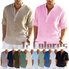 Men's Cotton Linen Henley Long Sleeve Shirt Casual Beach T-shirt Tee Summer Gift