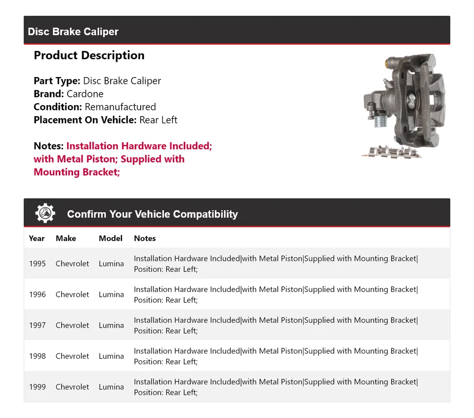 适用于 1995 - 1999 年雪佛兰 Lumina 盘式制动卡钳 左后 Cardone 1996 1997 — 第 2/4 张图片