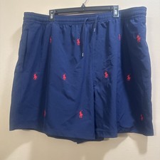 Men s 3XB Polo Ralph Lauren Embroidered Pony Swim Trunks Navy Red 6" Beach