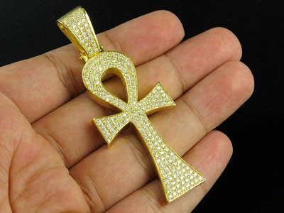 14K Yellow Gold Ankh Cross Solid Back VVS1 Diamonds 3 Inch Pendant Charm 5 ct