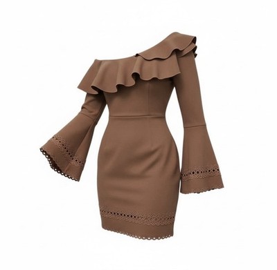 Nicholas Brown Ruffle Lace Sheath Dress, Off Shoulder, Bell Sleeve, IT 40/FR 36