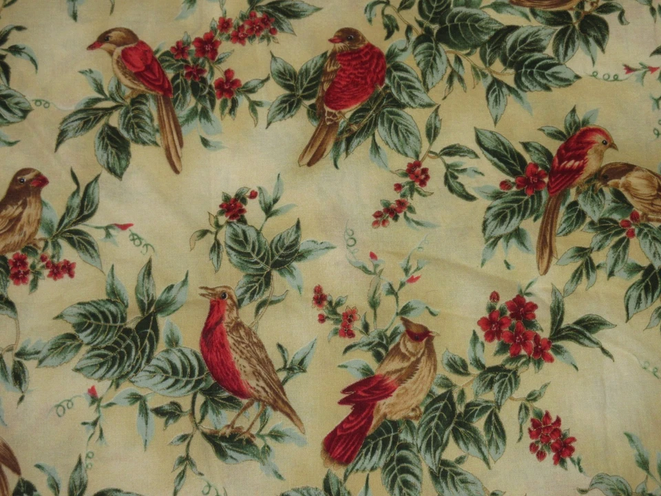 2.5 + Yds Hoffman 国际面料 - “Spring Song” 棕褐色/红色/绿色 带鸟 — 第 2/2 张图片