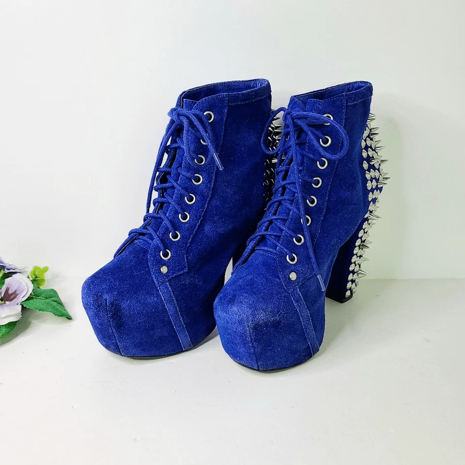 Botas para mujer Jeffrey Campbell 8 Lita Spike azul cobalto con cordones Y2K plataforma-leer Foto 3 de 4