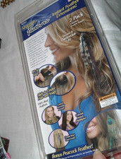 2 Feather Hair Extensions Clip Peacock Feather and Purple New in Box