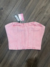 PrettyLittleThing Pink Washed Denim Corset Bandeau Top NWT UK 2
