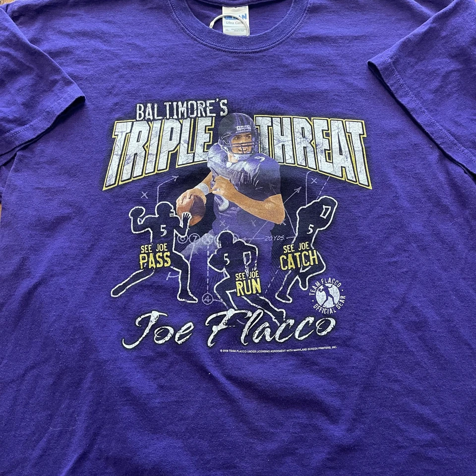 Camisa Baltimore Ravens Para Hombres XL Púrpura NFL Fútbol Joe Flacco 5 Gráfico Gildan Foto 3 de 4