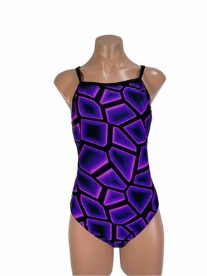Speedo Vintage 80s 90s purple black geometric swimsuit high cut 16