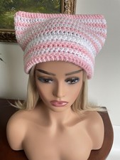 Pink and White Cat Ear Beanie Hat - Handcrafted