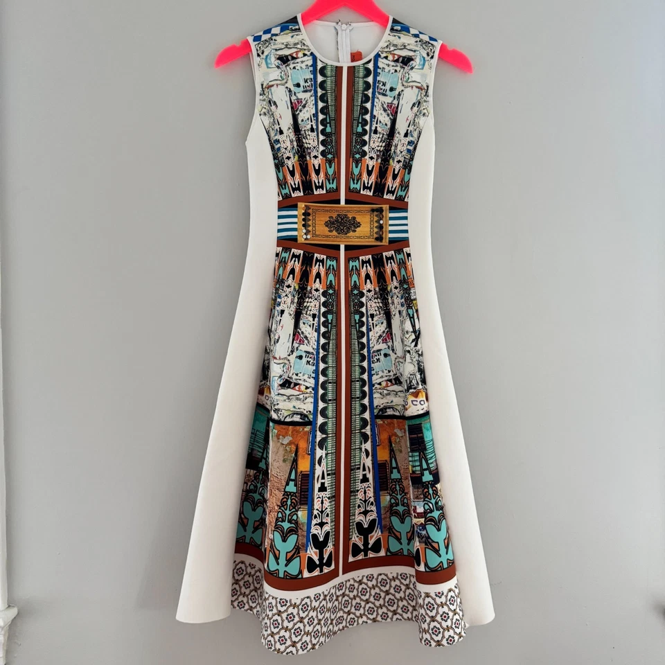 Vestido midi CLOVER CANYON blanco de neopreno con estampado gráfico CUBA línea A Foto 4 de 4