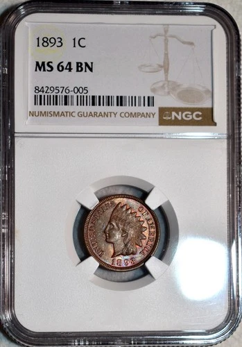 NGC MS-64 BN 1893 Indian Head Cent, Highly Lustrous w/ Iridescent Toning.