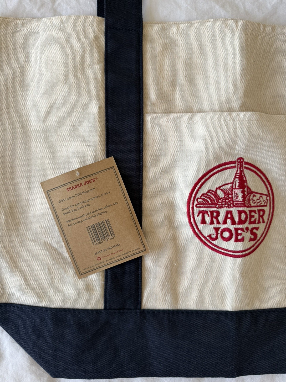 Trader Joe's Classic Tote Bag  - Navy Blue/Cream Canvas from USA - BNWT image 7