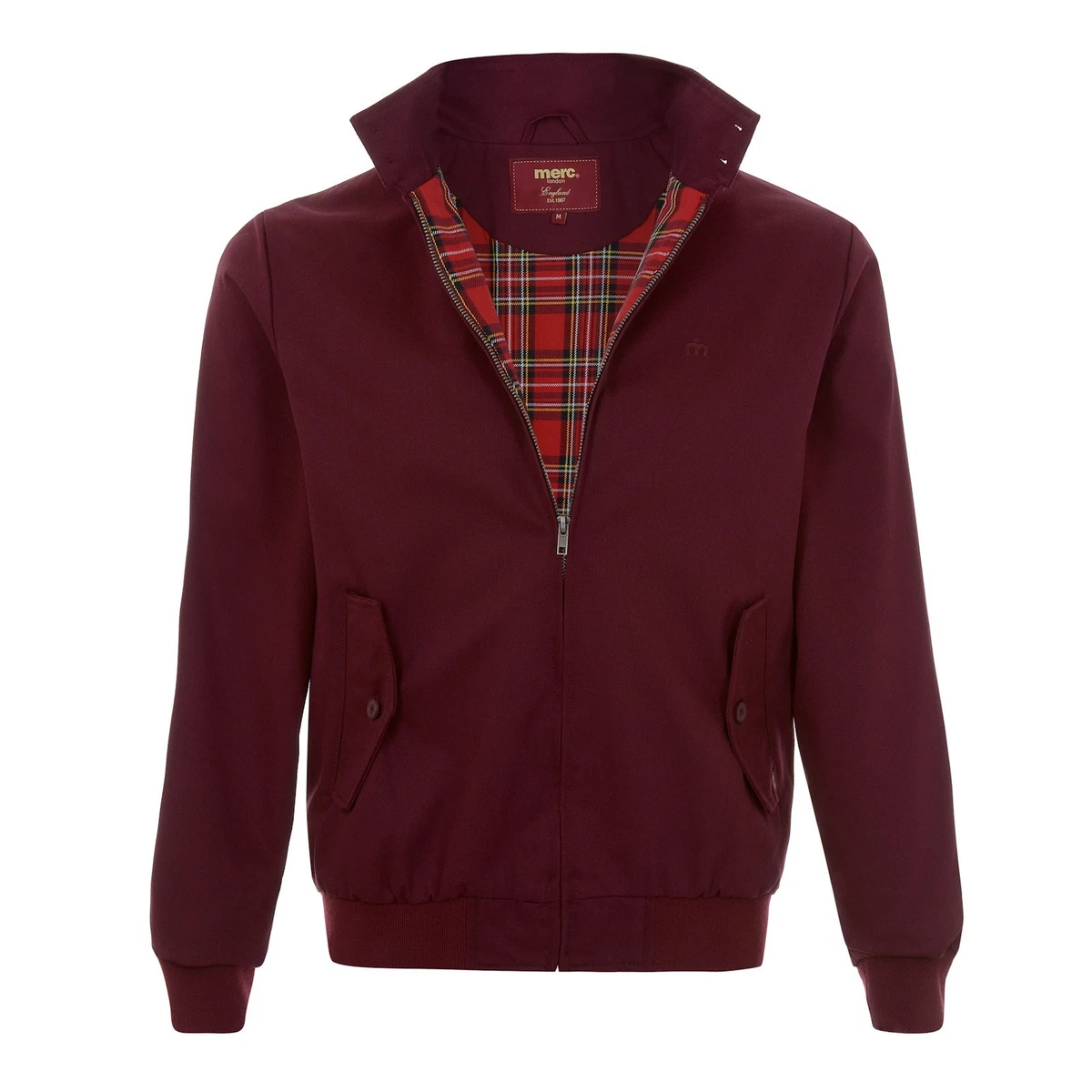 MENS MERC LONDON ORIGINAL CLASSIC HARRINGTON TARTAN LINED BOMBER JACKET -  WINE