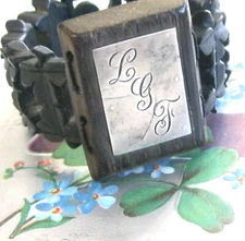 ANTIQUE BOG OAK STRETCH BRACELET 3 LEAF CLOVER SHAMROCK PANELS STERLING LGF MONO