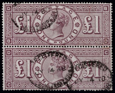1884 £1 Brown-Lilac SG 185 BD-CD Rare Pair Fine Colour VGU Cat. £6,000. ...