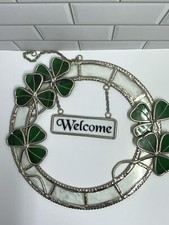 Vintage Stained Glass Green Shamrocks 4 Four Leaf Clover Irish Welcome Wreath