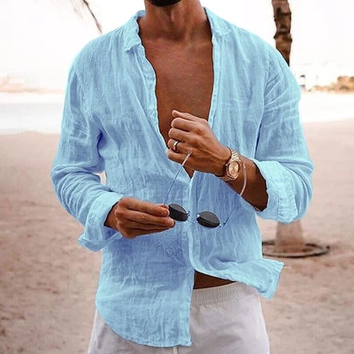 Mens Casual Cotton Linen Shirt Long Sleeve Loose Blouse Button Down Shirts-Tops - Picture 26 of 33