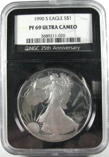 NGC PF 69 Ultra Cameo, 1990-S American Silver Eagle Proof, Black Core Retro Slab