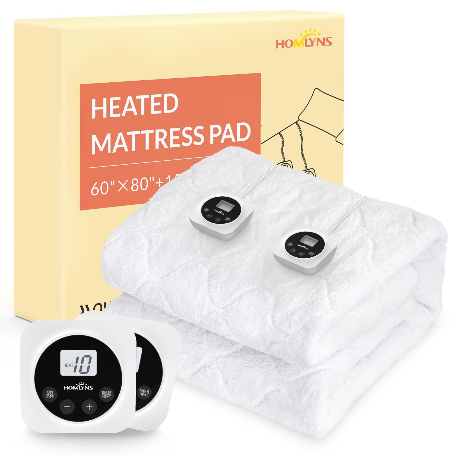 LuxeHeat Electric Heated Mattress Pad Queen Size Zoned Dual Control 10 Heat L...