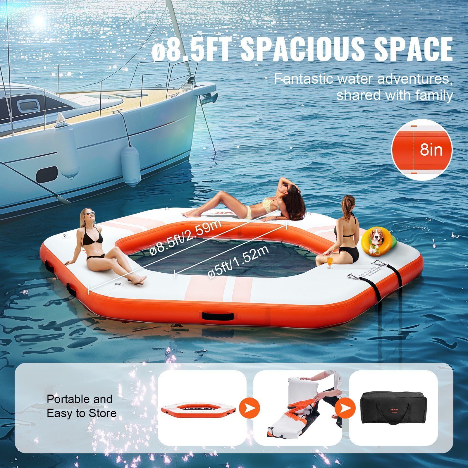 Inflatable Floating Dock ø8.5FT Inflatable Dock Platform w/ø5FT Trampoline Pool