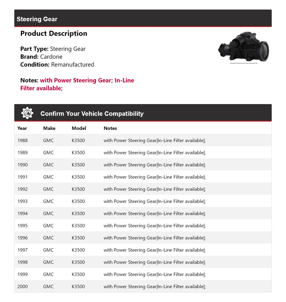 Engranaje de dirección Cardone para GMC K3500 1988-2000 1989 1990 1991 1992 1993 1994 1995 Foto 2 de 4