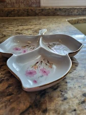 Mitterteich Bavaria Germany leave shaped nut dish 7 x 8 and pink flowers