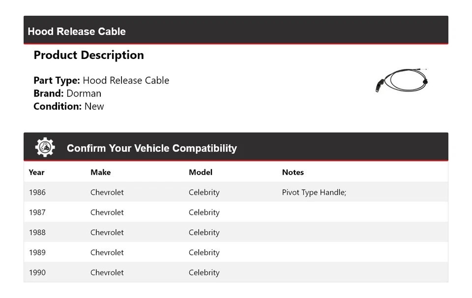 Cable de liberación de capó para Chevrolet Celebrity Dorman 1986-1990 1987 1988 1989 Foto 2 de 4