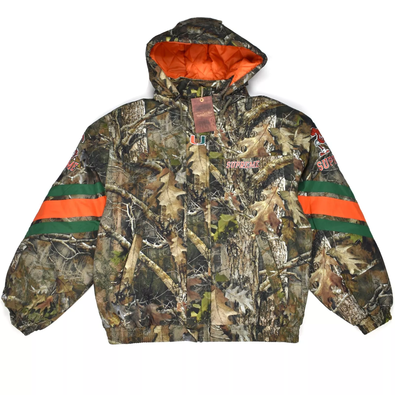 Veste Supreme Mitchell & Ness NCAA Miami Tree Camo Stadium neuve avec étiquette L FW24 AUTHENTIQUE