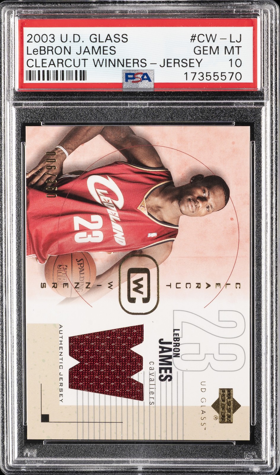 Lebron James #CW-LJ Basketball Cards 2003 Upper Deck Glass Clearcut Winners Jersey trading card — raw and PSA graded price guide